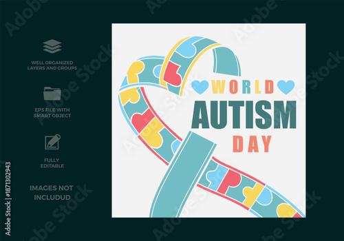 World autism day heart-shaped puzzle ribbon illustration for awareness and support