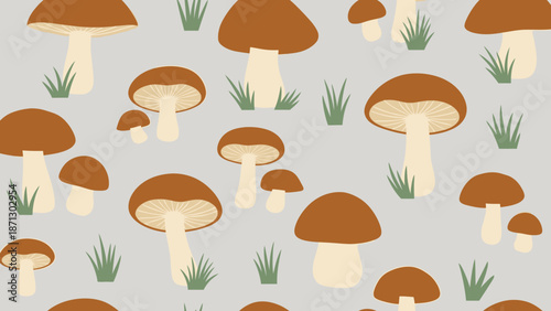 Seamless pattern featuring various sizes of brown and white mushrooms with green grass on a light grey background, in a flat illustration style.