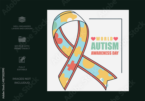 Colorful puzzle piece ribbon for world autism awareness day to symbolize support and understanding