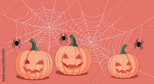 Three carved jack o lanterns with glowing faces are placed in front of large white spider webs and black spiders.