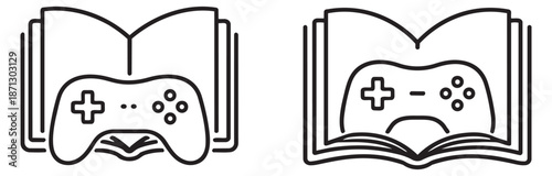 Line art icons set featuring gaming controllers and books for education and entertainment concepts