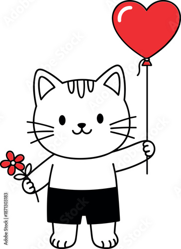 Cute white cat character holding red heart balloon and flower wearing black shorts hand drawn vector illustration for Valentine Day