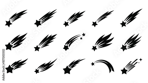 A collection of black shooting stars and sparkling starbursts silhouette