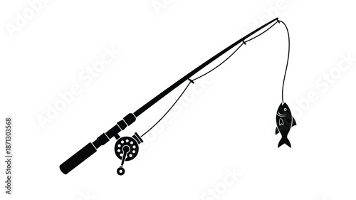 A simple black fishing rod with a caught fish a striking silhouette