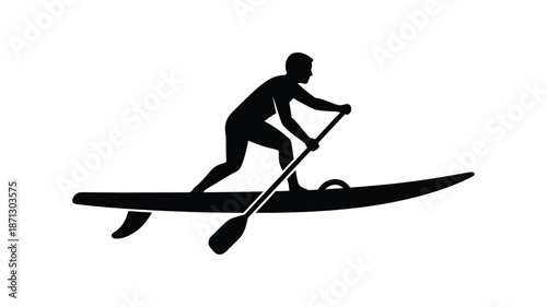 A person paddleboarding on the water dynamic pose black and white silhouette