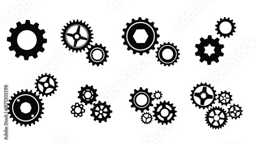 Collection of black gears and cogs arranged in a mechanical design silhouette