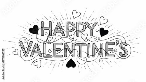 Black and white illustration of Happy Valentine's Day text surrounded by hearts and lines on a white background with a playful mood.