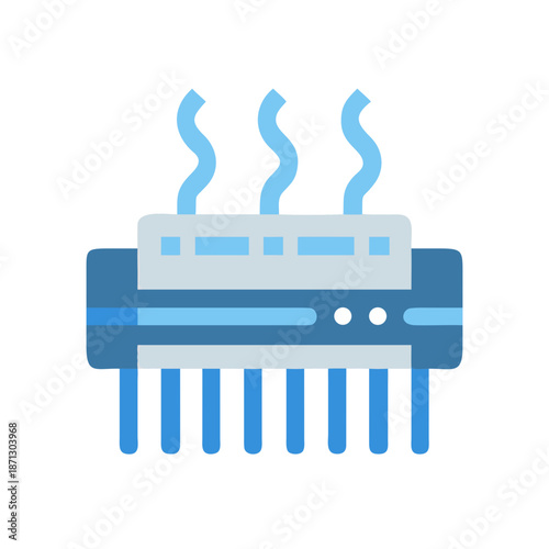 Stylized air conditioner unit on black background emitting cool air waves