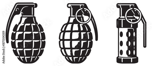 Simple line art grenade set featuring different types of hand grenades for military and security concepts