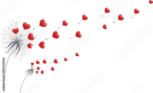 Red Heart Dandelion Seeds Blowing in Wind Vector Illustration for Romantic Valentines Day Background Wedding Concept and Love Greeting Card