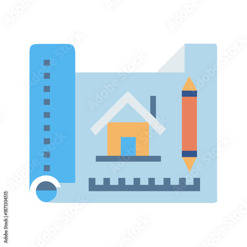 Flat illustration of house blueprint with ruler and pencil on dark background