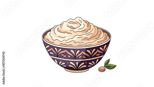 Beautifully illustrated bowl of creamy hummus or thick paste served in a decorative ceramic dish with a small garnish of nuts and green leaves.