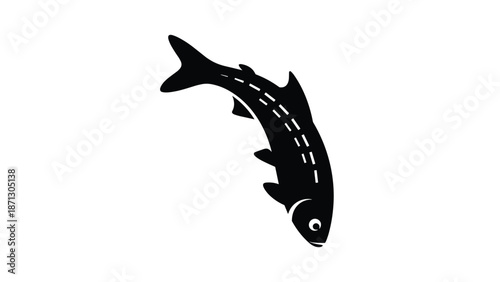 Sleek black silhouette of a fish jumping downwards with stylized white highlights on its back and fins to create a sense of fluid movement.