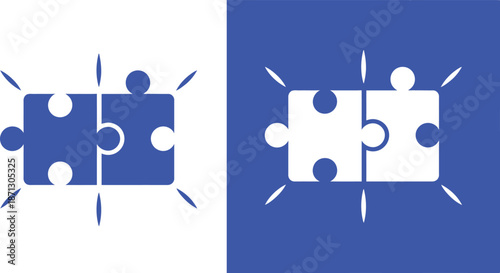 Two blue puzzle pieces connected with white circles and surrounding shapes