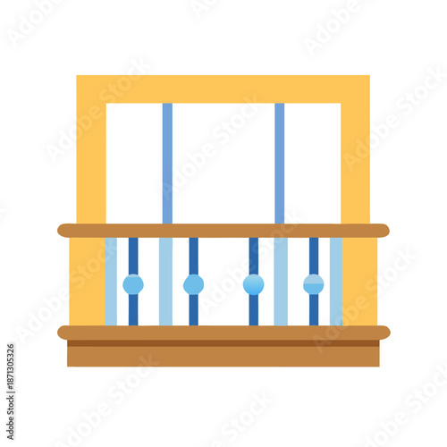 Stylized balcony illustration in flat design isolated on black background with blue railing