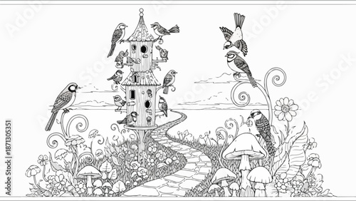 Black and white illustration of a whimsical birdhouse with birds, mushrooms, and flowers in a garden with a winding path.