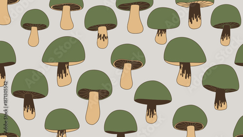 A whimsical pattern of cartoon-style mushrooms with green caps and light brown stems scattered across a light grey background, creating a playful and natural design.