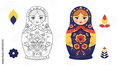 Traditional Russian matryoshka nesting doll set shown in both a detailed line art version and a vibrant blue and red colored illustration.