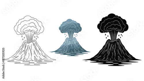 Set of three volcano illustrations showing an eruption with smoke and ash in line art, a blue-tinted version, and a solid black silhouette.