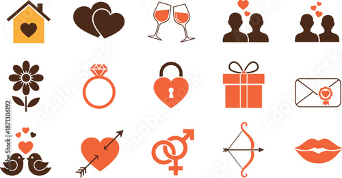 Set of flat romantic icons for Valentine Day wedding and love celebration featuring hearts rings gifts flowers birds and couple symbols.
