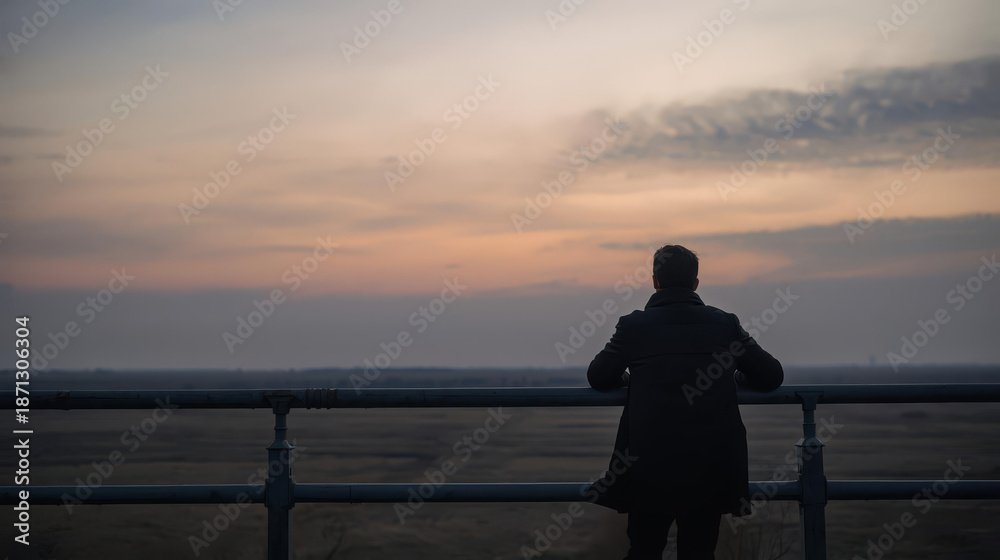 Obraz premium Man contemplating life at dusk with serene landscape view