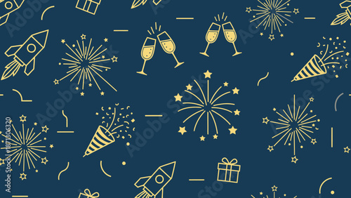 Seamless pattern with golden outline illustrations of fireworks, champagne glasses, party poppers, rockets, and gift boxes on a dark blue background, perfect for celebrations.