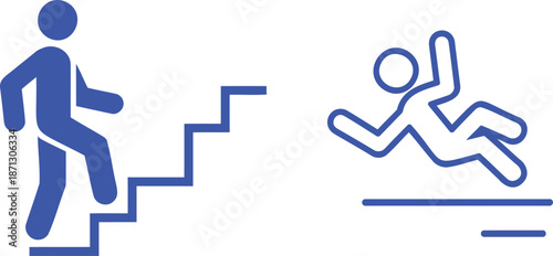 Blue person climbing stairs next to falling person