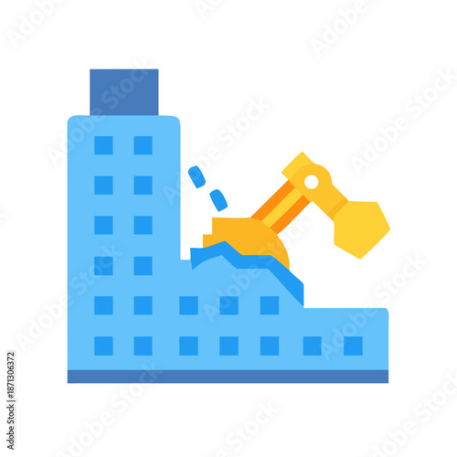 Graphic icon showing the destruction of a light blue building by machinery