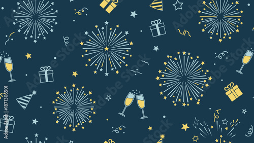 A festive seamless pattern featuring stylized fireworks, gift boxes, champagne glasses, stars, and confetti on a dark blue background, perfect for celebrations.