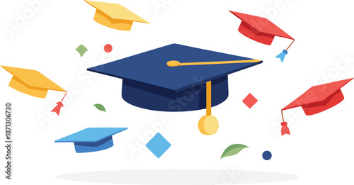 Vector Illustration of a set of Graduation Caps Flying in the air on white.