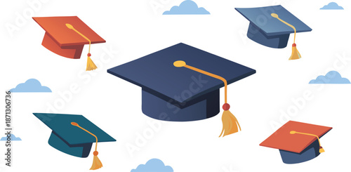 Vector Illustration of a set of flying Graduation Caps.