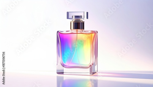 Iridescent Perfume Bottle with Rainbow Colors on White Background