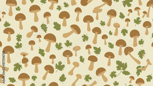 A seamless pattern featuring numerous brown mushrooms and green leaves scattered across a light beige background, creating a natural forest floor design.