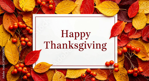 Happy Thanksgiving Greeting with Autumn Leaves and Red Berries on Card
