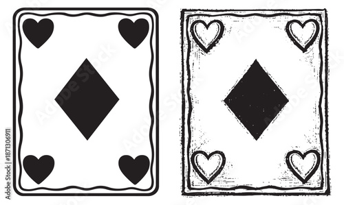 Hand drawn and grunge line art playing cards set featuring a diamond suit with heart symbols for games and entertainment