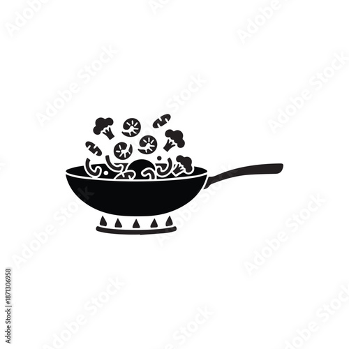Black and white stir-fry vector with flaming pan, airborne vegetables, and dynamic cooking motion
