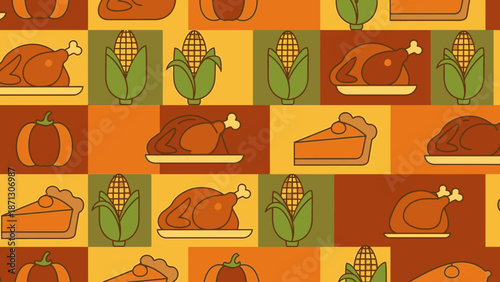 A repeating pattern of Thanksgiving dinner items including roasted turkeys, corn, pumpkins, and pumpkin pie slices on a colorful checkerboard background.