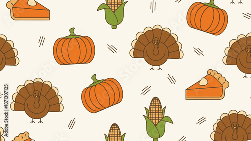 A festive and colorful seamless pattern featuring cartoon turkeys, pumpkins, corn on the cob, and pumpkin pie slices on a light background, perfect for Thanksgiving celebrations.