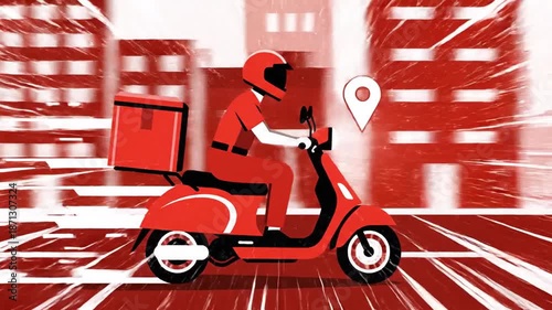 Dynamic Fast Food Delivery On Red Scooter Through Cityscape Seamless Animation Loop