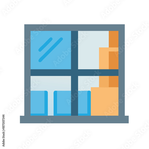Flat vector illustration of a window with blue glass and orange objects
