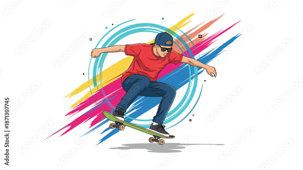 Fototapeta premium Dynamic skateboarder performing a jump trick with colorful abstract paint splashes and circular lines in background.