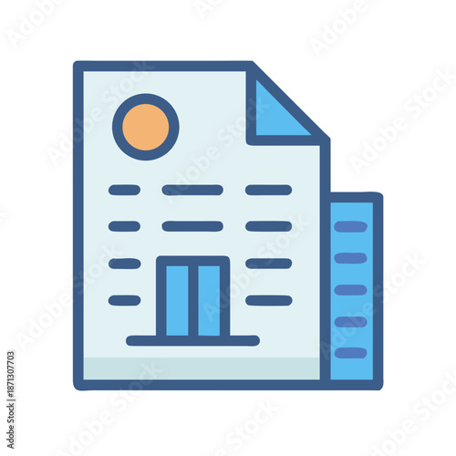 Icon of document with circle, lines, door and parallel bars for commercial use