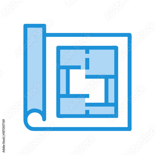 Blueprint floor plan icon showing layout design on a rolled paper sheet