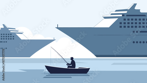 Small fishing boat silhouette on calm water positioned between two massive cruise ships under a bright clear sky.