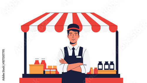 Friendly shopkeeper standing with crossed arms in front of a red and white striped food stall with various jars.