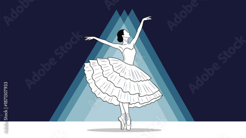 Gracious ballerina wearing a white tutu performs a dance move on stage illuminated by multiple blue spotlights in a dark theater.