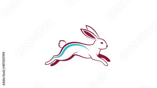 Modern rabbit logo design uses clean maroon and teal lines to depict a fast bunny jumping representing speed and dynamic movement.