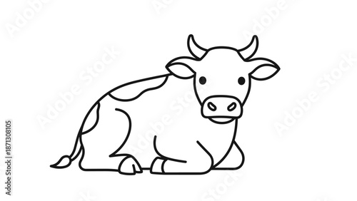 Friendly black and white spotted cow lying down comfortably shown in a simple cartoon style with bold outlines and horns.