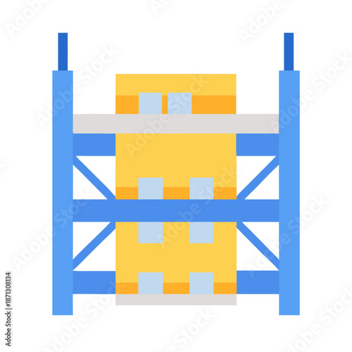 Warehouse shelving unit with stacked boxes in a flat design style