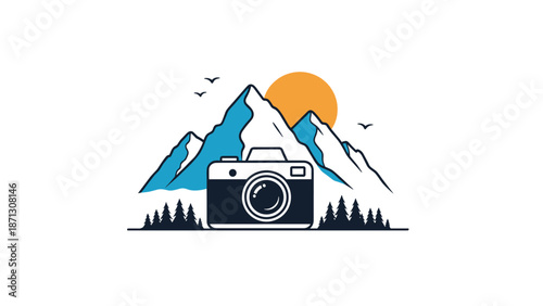 Professional camera icon placed in front of blue mountains and an orange sun signifies travel photography and outdoor adventure.